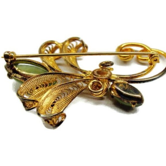 Sorrento Jade Flower Gold Plated 925 Sterling Silver Brooch - Picture 8 of 11